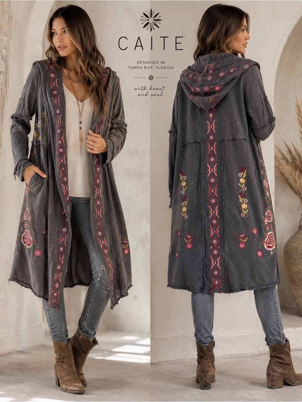 CAITE Ingrid Hoodie Coat XL Gray Embroidered Boho Duster Cardigan Raw Edge